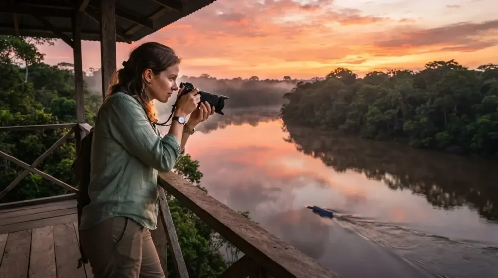 Female solo traveler watching pink river dolphins from a treehouse platform above the Yarapa River in the Peruvian Amazon at sunrise