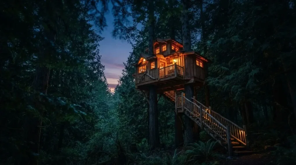Lit treehouse glowing warmly through old-growth Douglas fir trees at dusk in Washington State Snoqualmie Valley
