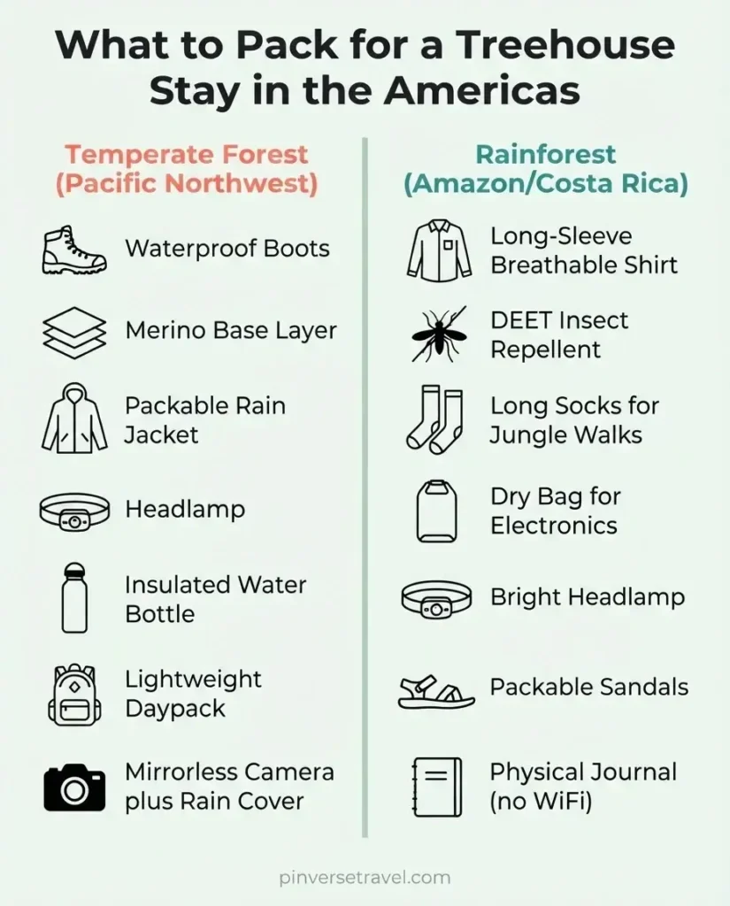 Flat vector packing checklist infographic for treehouse stays in North and South America divided into temperate forest and rainforest columns