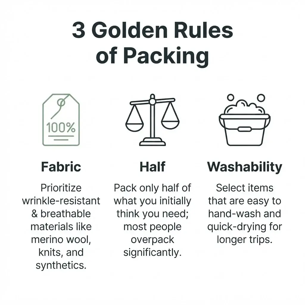 An infographic showing three icons representing the golden rules: fabric icons, a 'cut in half' weight scale, and a laundry basket symbol for washability.