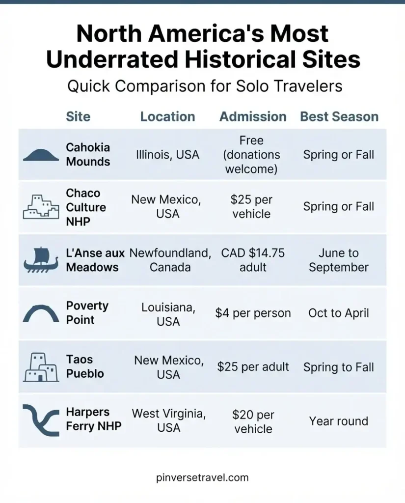 Infographic comparing six underrated historical sites in North America including Cahokia Mounds, Chaco Culture, L'Anse aux Meadows, Poverty Point, Taos Pueblo, and Harpers Ferry with admission fees and best visit seasons