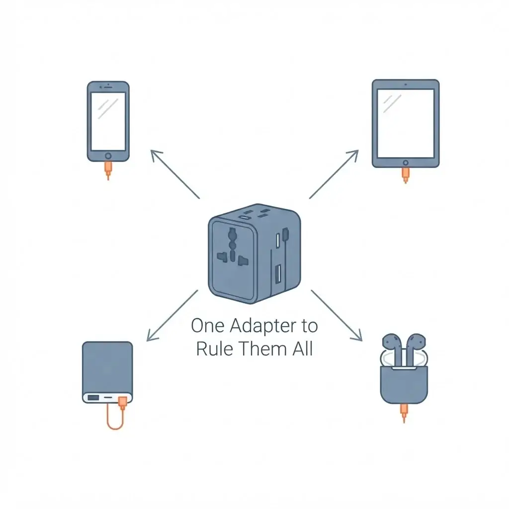 A diagram showing a one-cable system where multiple devices connect to a single universal travel adapter, illustrating the efficiency of consolidated charging.