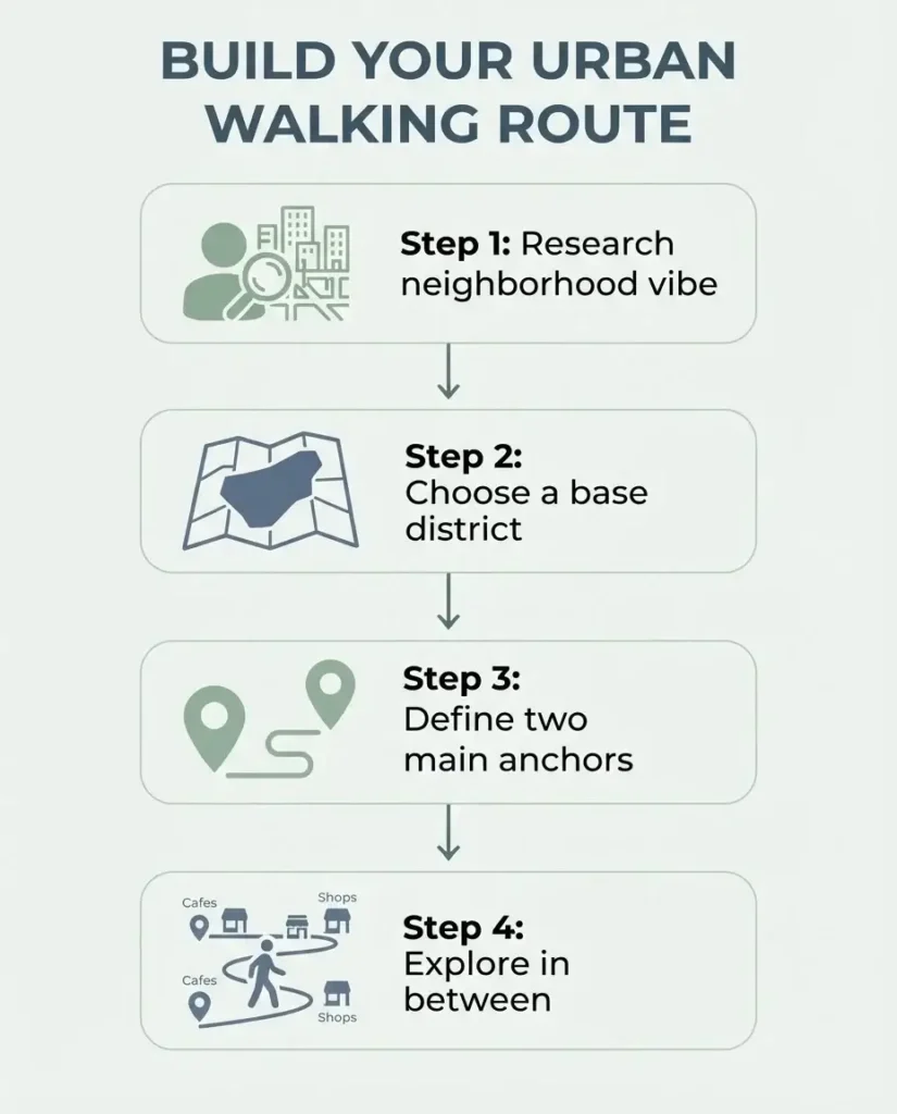 A vertical step-by-step infographic showing the 4-phase process of building a city walking itinerary: Research, Select District, Set Two Anchors, and Embrace Exploration.