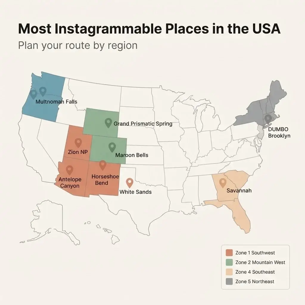 Minimalist illustrated map of the United States showing the most Instagrammable photography locations by region including Southwest Mountain West Pacific Northwest and Southeast