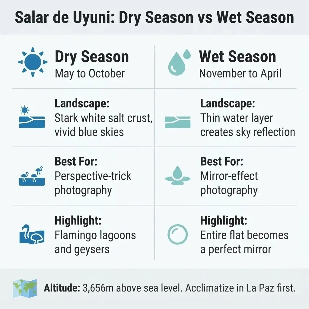 Infographic comparing Salar de Uyuni dry season versus wet season for travelers with key differences in experience timing and photography