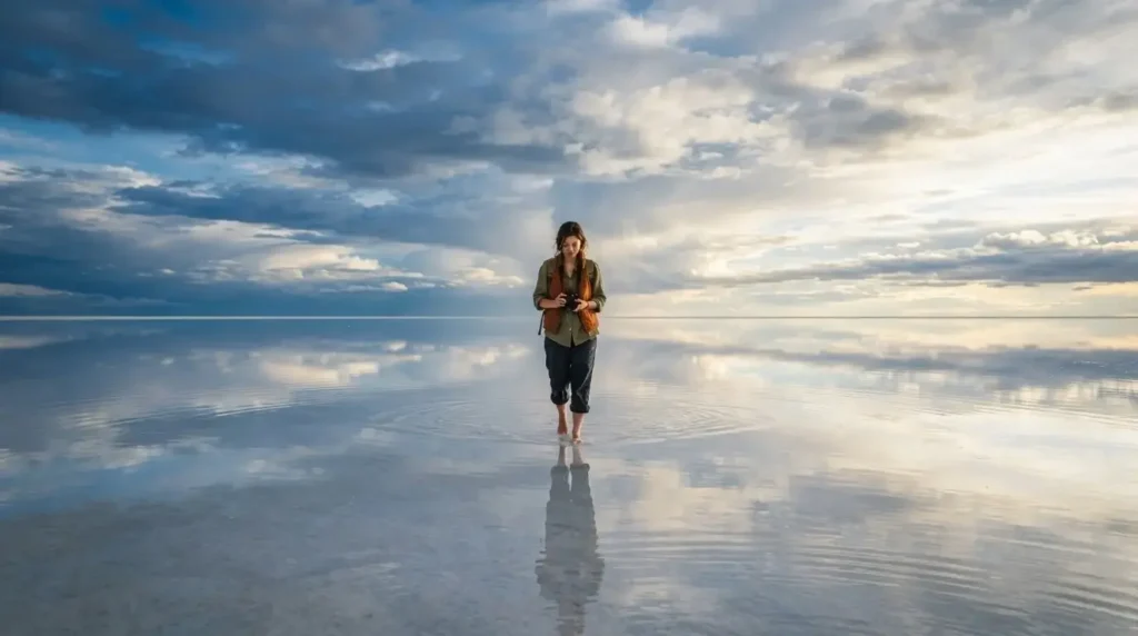 Female solo traveler walking across the flooded Salar de Uyuni salt flats during rainy season in Bolivia, sky perfectly mirrored in shallow water