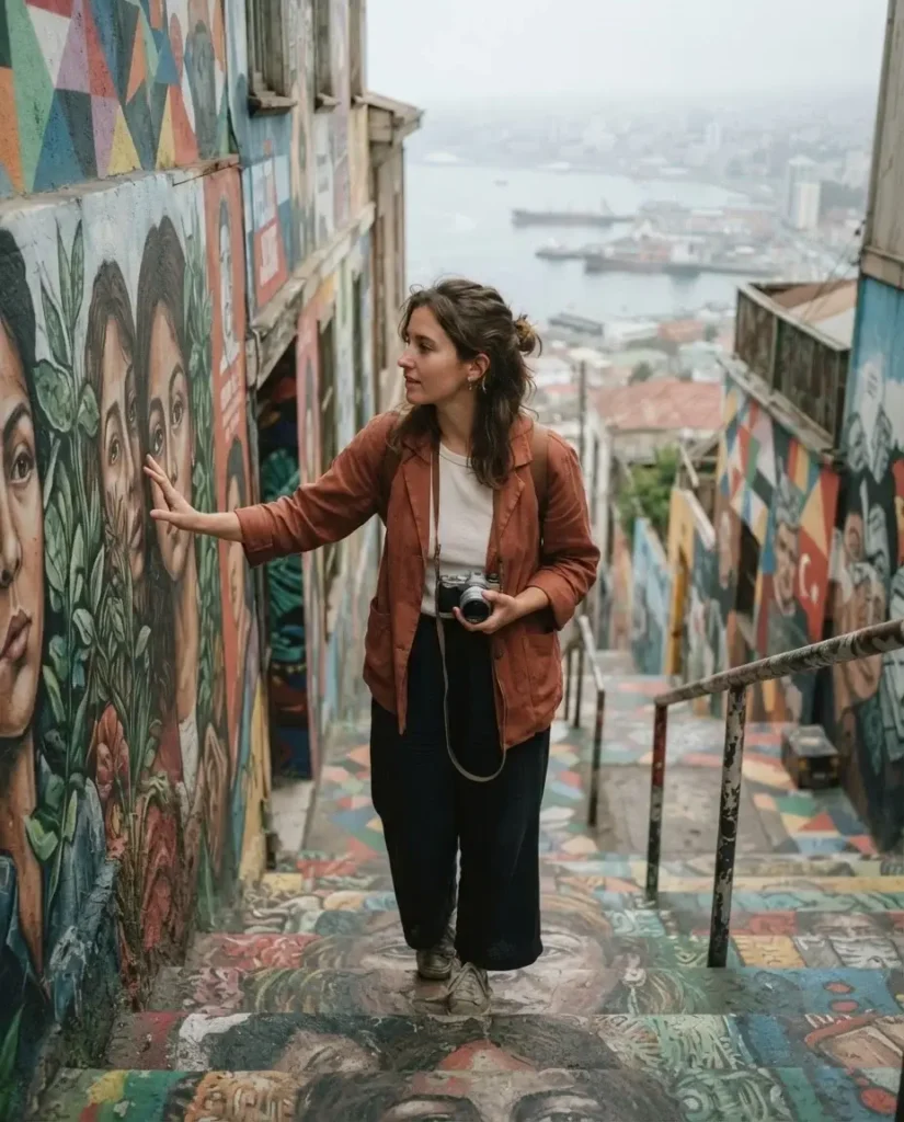 Solo female traveler climbing a vibrant mural-covered staircase on Cerro Alegre in Valparaiso Chile, surrounded by colorful painted walls and harbor view in misty background
