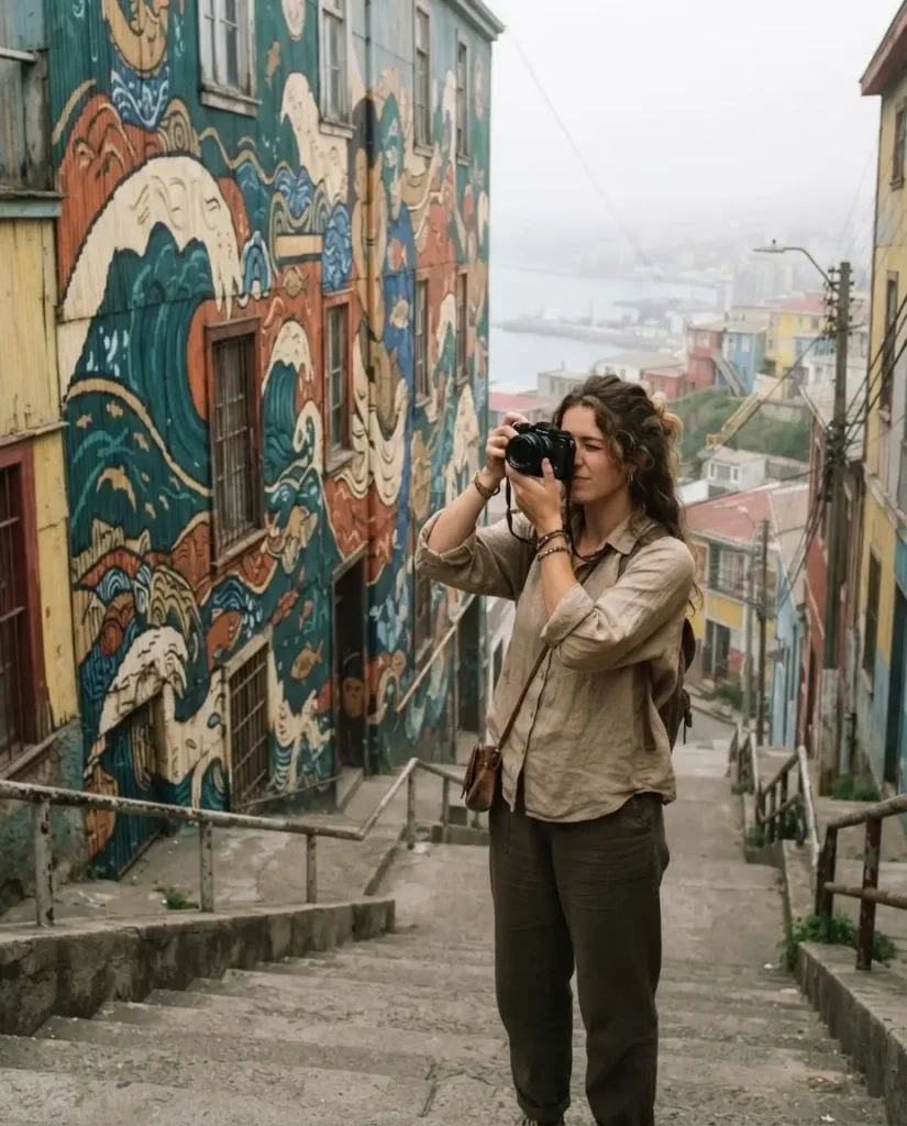 Solo female traveler with mirrorless camera photographing a large painted mural on a hillside staircase in Cerro Alegre Valparaiso Chile