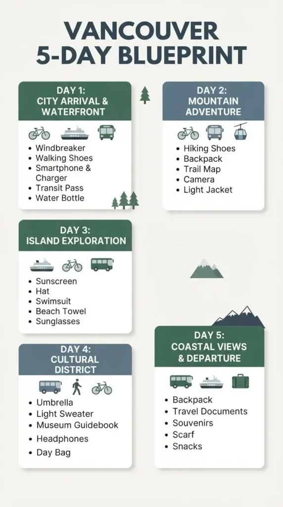 A clean 5-day visual checklist infographic breaking down the primary destination, best transit mode, and daily packing essentials for a Vancouver trip.
