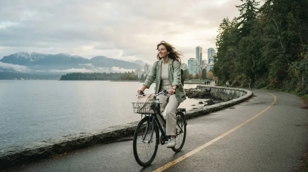 Solo female traveler cycling the Stanley Park Seawall in Vancouver Canada with the Pacific Ocean, North Shore mountains, and downtown skyline visible in soft morning mist