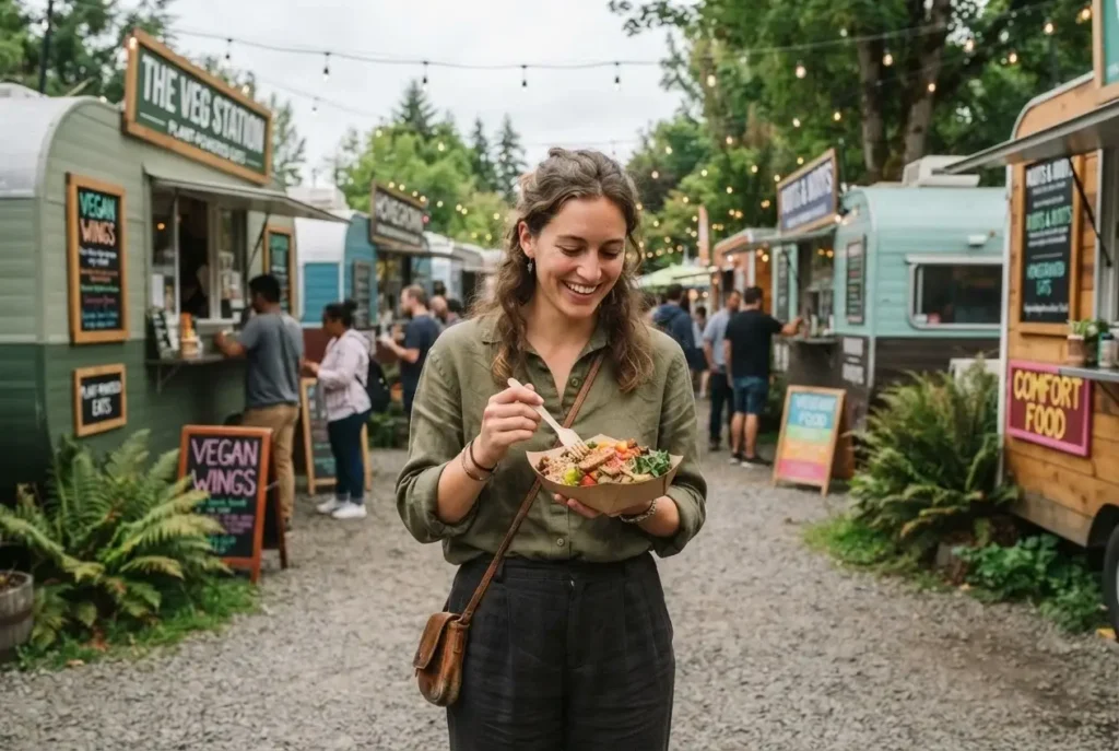  Young female solo traveler exploring a vegan food cart pod in Portland Oregon, earthy linen clothes, holding a plant-based meal, overcast Pacific Northwest light