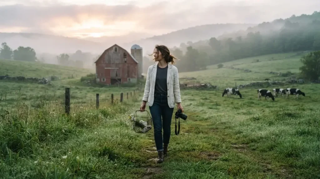 Solo female traveler collecting eggs at a misty Vermont dairy farm at sunrise, red barn and green rolling hills in the background