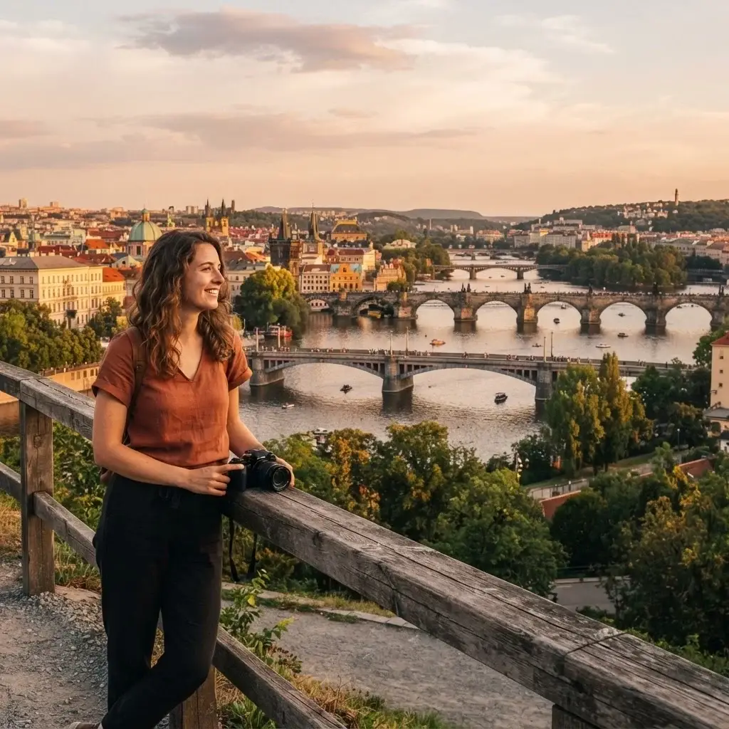 A panoramic vista from Letná Park showing five historic stone bridges spanning the Vltava River in Prague at sunset.