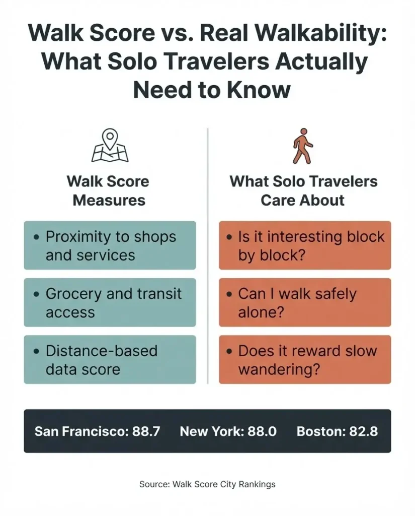 Infographic comparing Walk Score data rankings with experiential walkability factors for solo travelers in the Americas, including San Francisco, Boston, and New York
