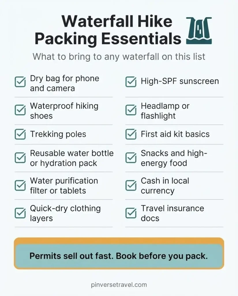Minimalist waterfall hiking packing checklist infographic showing essential gear including dry bag, trekking poles, water filter, and travel insurance