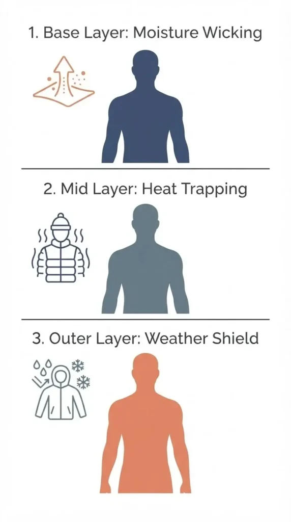 A clear, vertical infographic explaining the three-layer system for winter travel, showing base layer, mid layer, and outer layer icons.