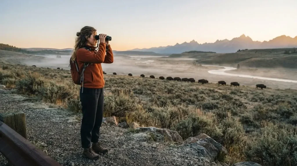 Young female solo traveler standing at the edge of Lamar Valley Yellowstone at golden hour watching a bison herd cross the frost-covered grassland
