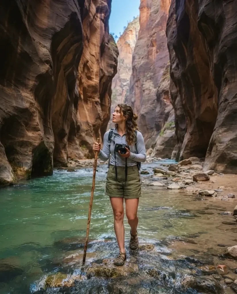 Solo female traveler wading through the Virgin River inside Zion Narrows, towering Navajo sandstone walls glowing amber in diffused canyon light, Utah