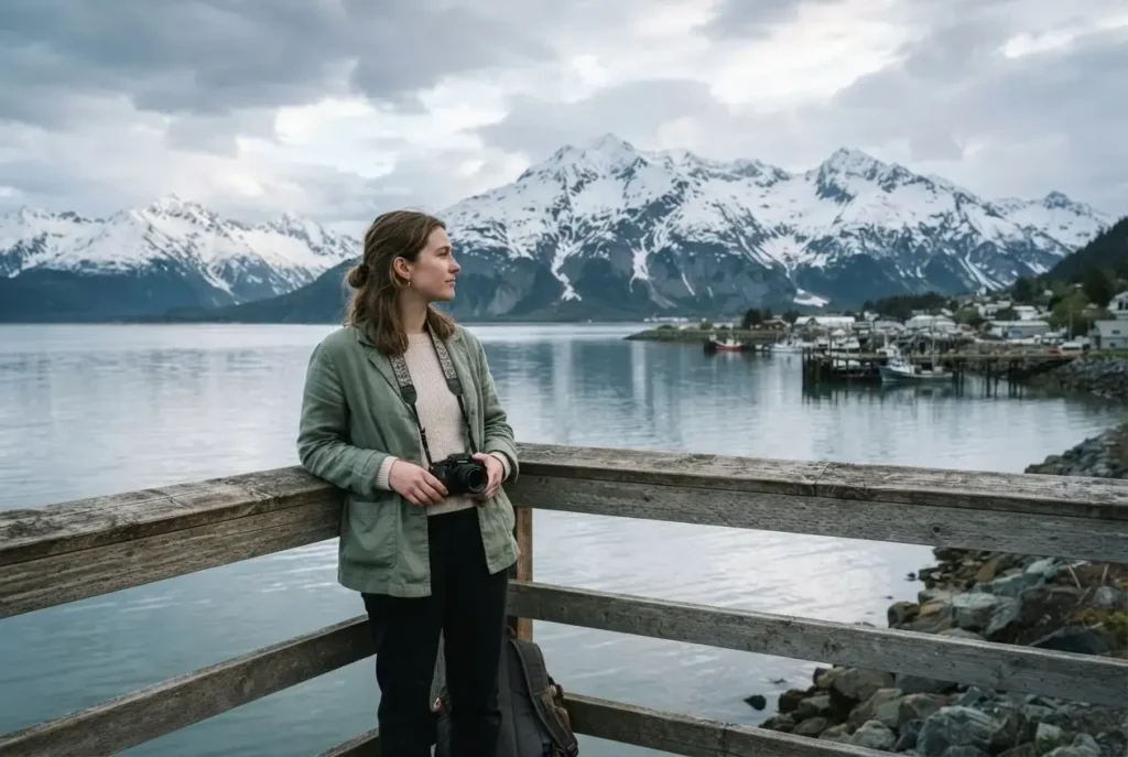 Solo female traveler on the Alaska Railroad platform at Seward with Resurrection Bay and snow-capped Chugach Mountains reflecting in calm water behind her