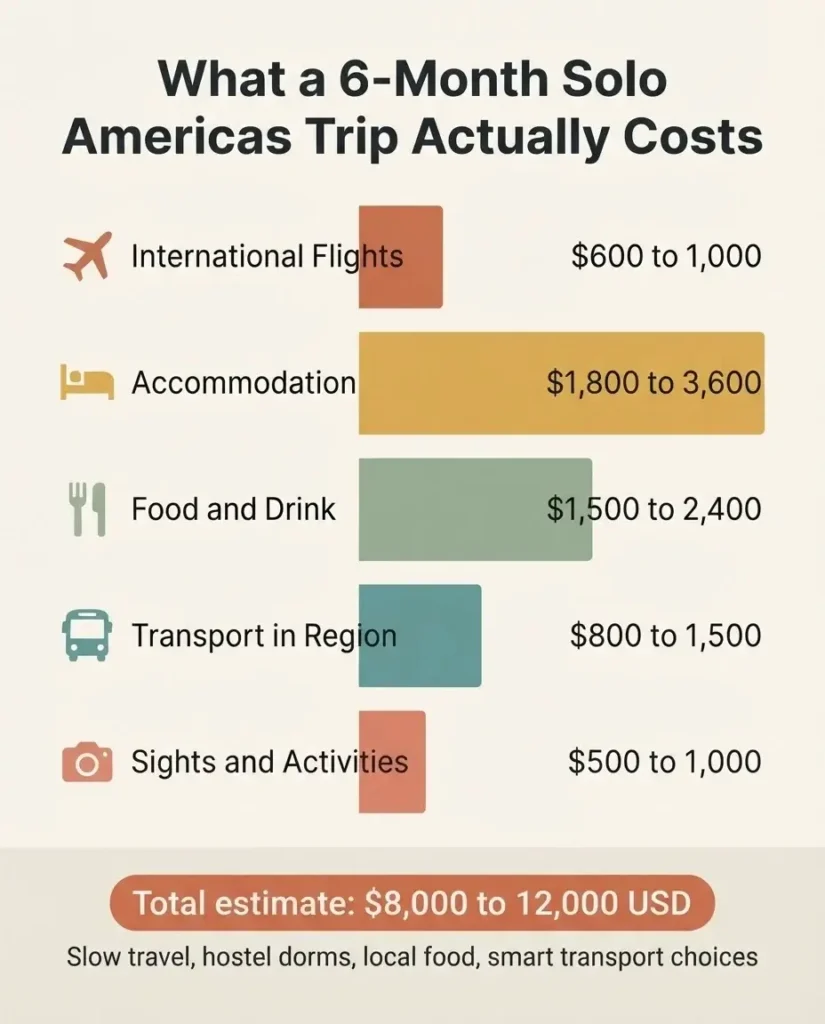 Infographic showing a sample 6-month budget breakdown for solo travel across Central and South America