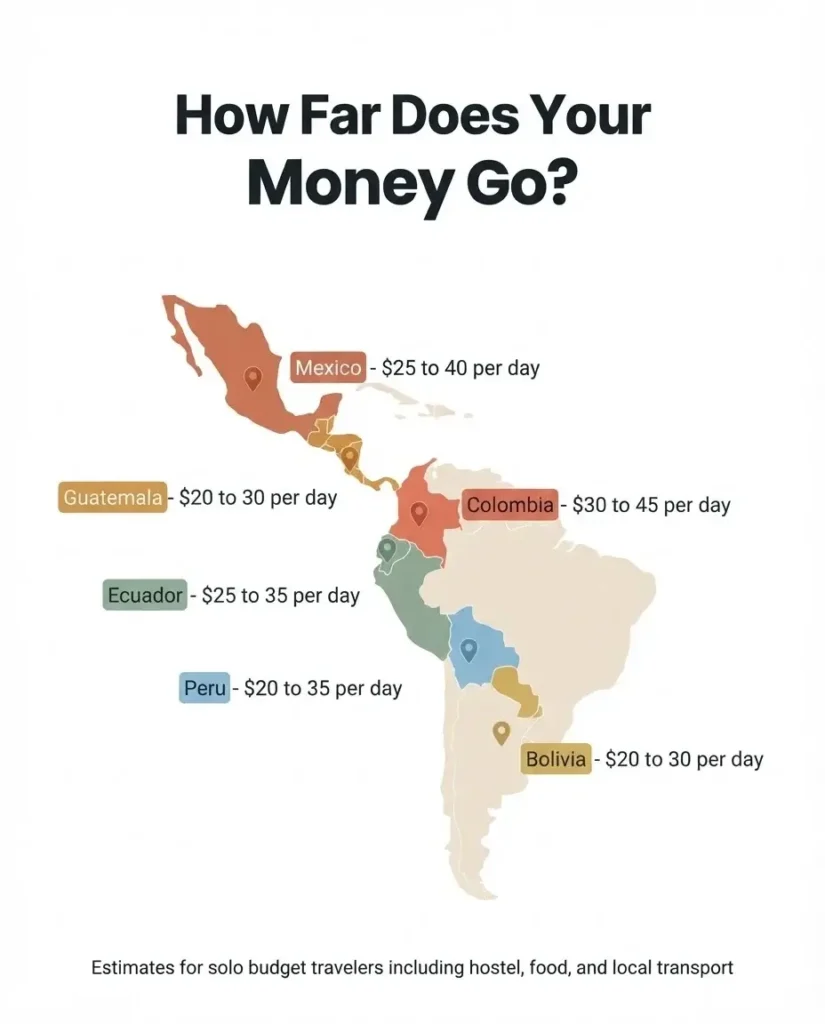Infographic comparing daily travel budget costs across key countries in the Americas including Mexico, Colombia, Peru, Bolivia, and Chile