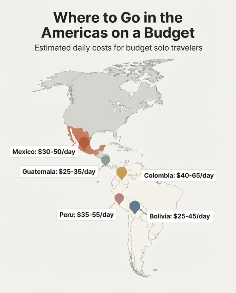 Illustrated budget travel map of the Americas highlighting Central and South America destinations including Guatemala, Colombia, Peru, and Bolivia with daily cost ranges