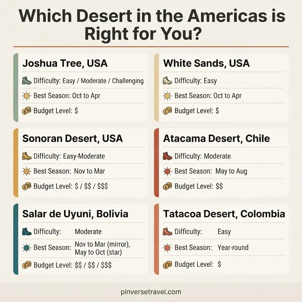 Flat vector comparison infographic showing six desert destinations in the Americas including Joshua Tree White Sands Atacama and Salar de Uyuni with difficulty level best season and budget rating for each