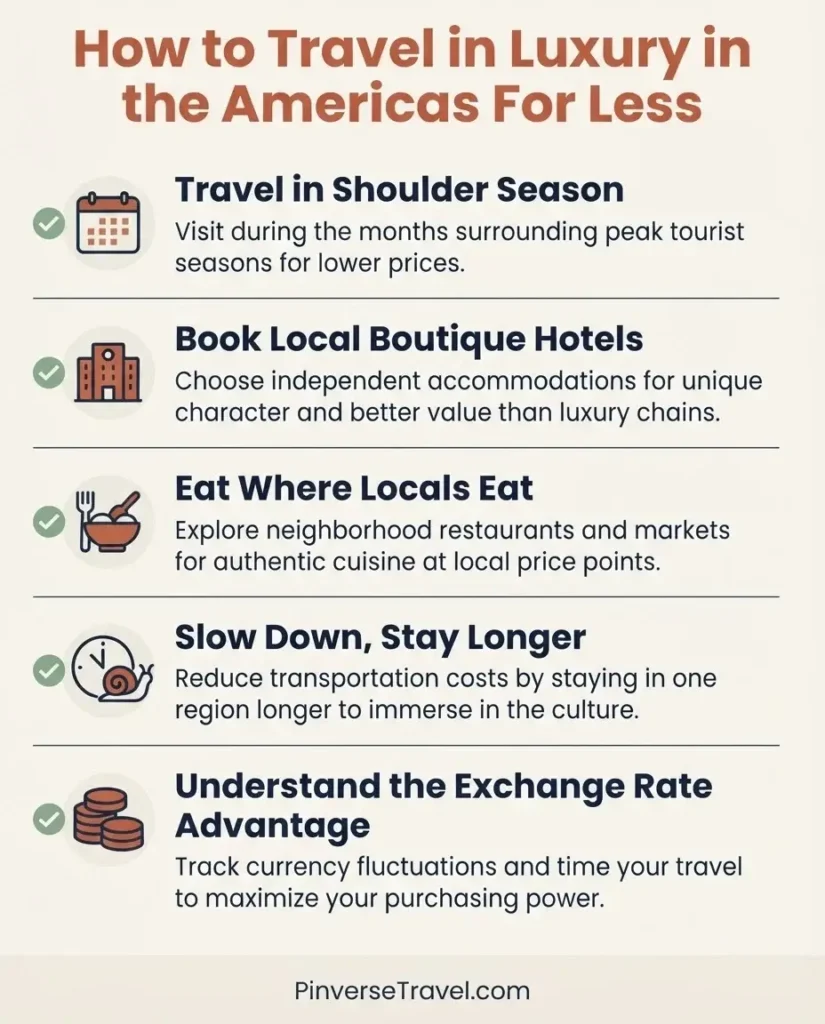 Infographic checklist of top tips for affordable luxury travel in the Americas including shoulder season travel boutique hotels and slow travel advice