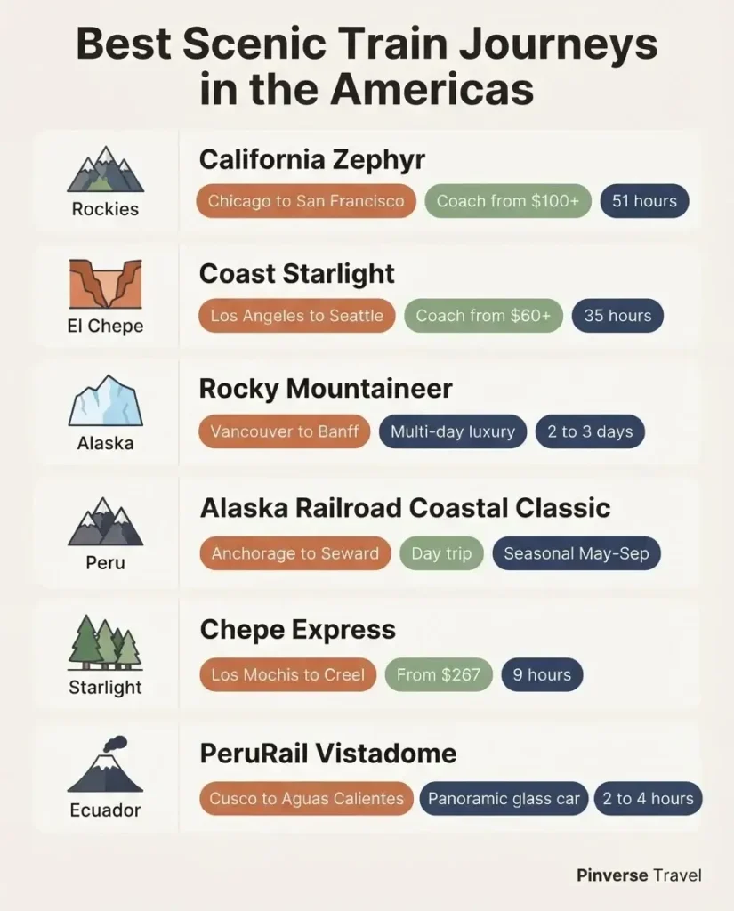Infographic comparing the best scenic train journeys in the Americas including routes duration countries and price range