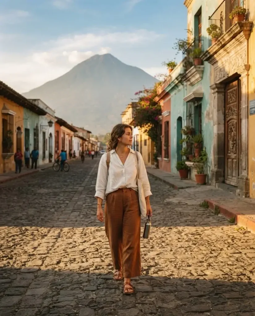 Solo female traveler walking along a cobblestone street in Antigua Guatemala with colorful colonial buildings and Agua Volcano visible in the background at golden hour