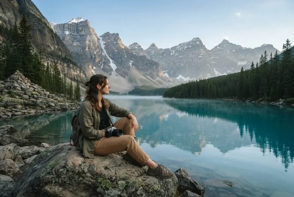 Solo female traveler sitting on a rock at the shore of Moraine Lake in Banff National Park Canada with turquoise water and Valley of the Ten Peaks in early morning light