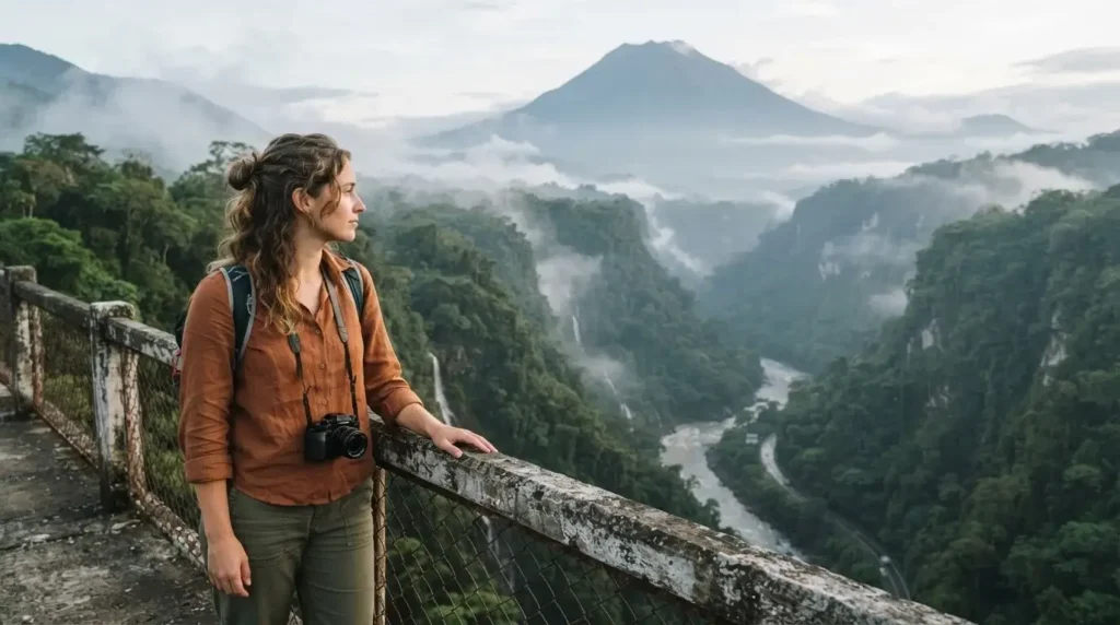 Solo female traveler on a bridge above the Pastaza River gorge in Banos Ecuador, misty Andean valley and jungle-covered volcanic slopes in the background, warm soft morning light
