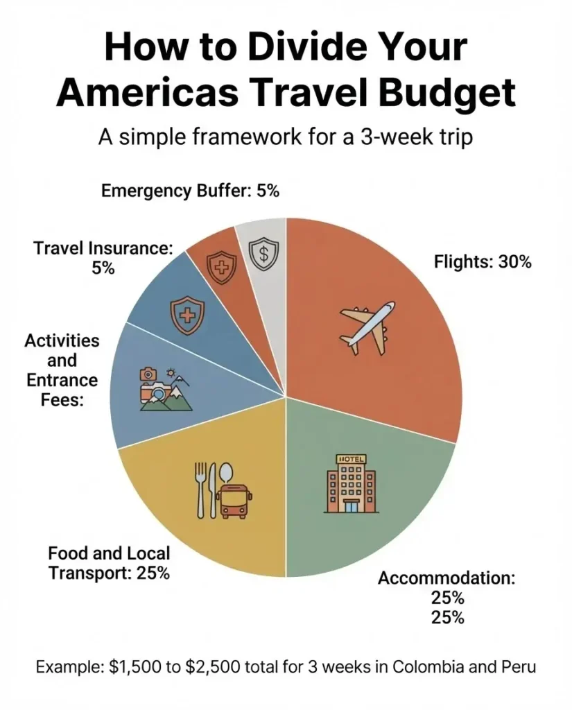 Budget breakdown infographic showing how to allocate travel funds for a three-week trip in the Americas across flights, accommodation, food, transport, and activities