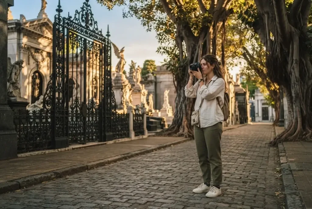 Solo female traveler with a mirrorless camera exploring the ornate architecture of Recoleta neighborhood Buenos Aires Argentina
