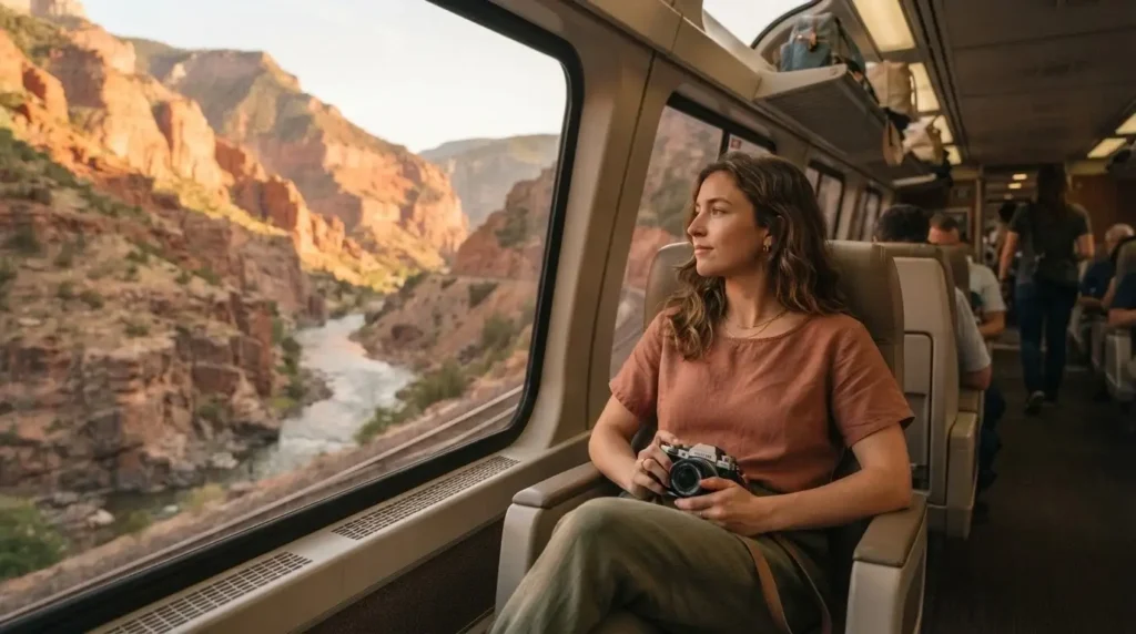 Solo female traveler sitting in an Amtrak Sightseer Lounge car looking out at Glenwood Canyon Colorado with the Colorado River far below