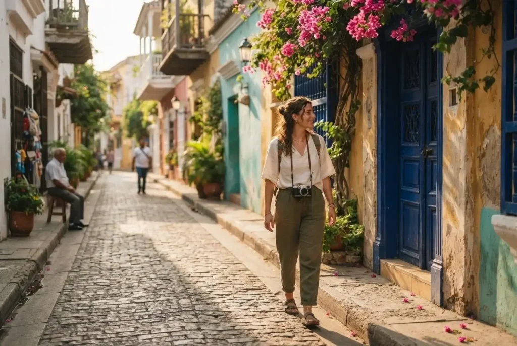 Solo female traveler with camera walking through the colorful narrow streets of Getsemani Cartagena Colombia