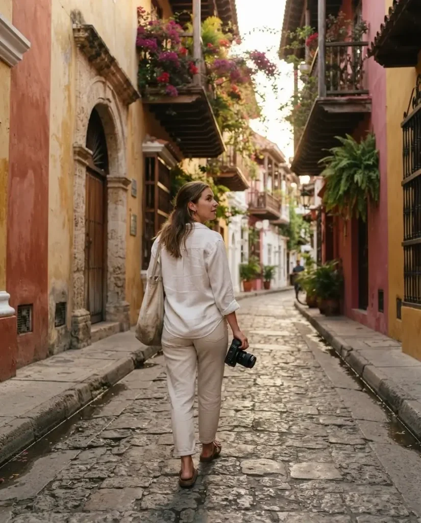 Solo female traveler walking through the colorful colonial streets of Cartagena's Old City, Colombia, with vibrant yellow and pink walls