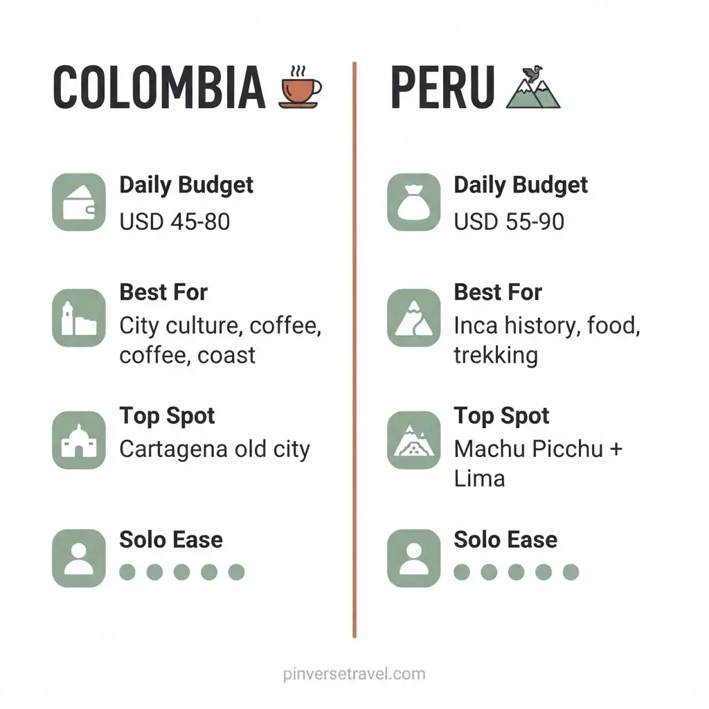 Flat infographic comparison chart showing Colombia vs Peru travel highlights including budget safety culture and top experiences for solo travelers