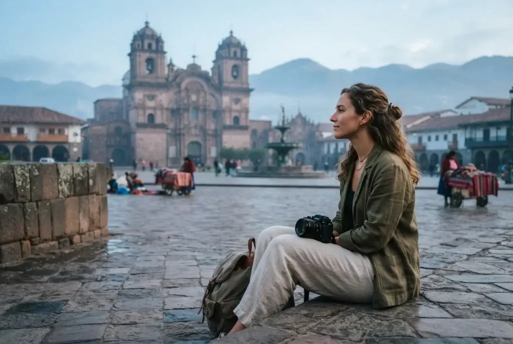 Solo female traveler sitting at the Plaza de Armas in Cusco Peru on a misty morning with Inca and Spanish colonial architecture in the background