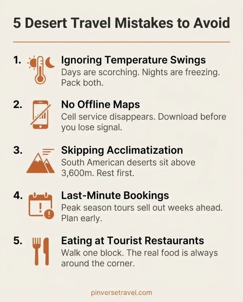 Flat minimalist infographic checklist titled Five Desert Travel Mistakes to Avoid listing temperature swings, offline maps, altitude acclimatization, booking ahead, and skipping local food, in earthy terracotta and sand tones
