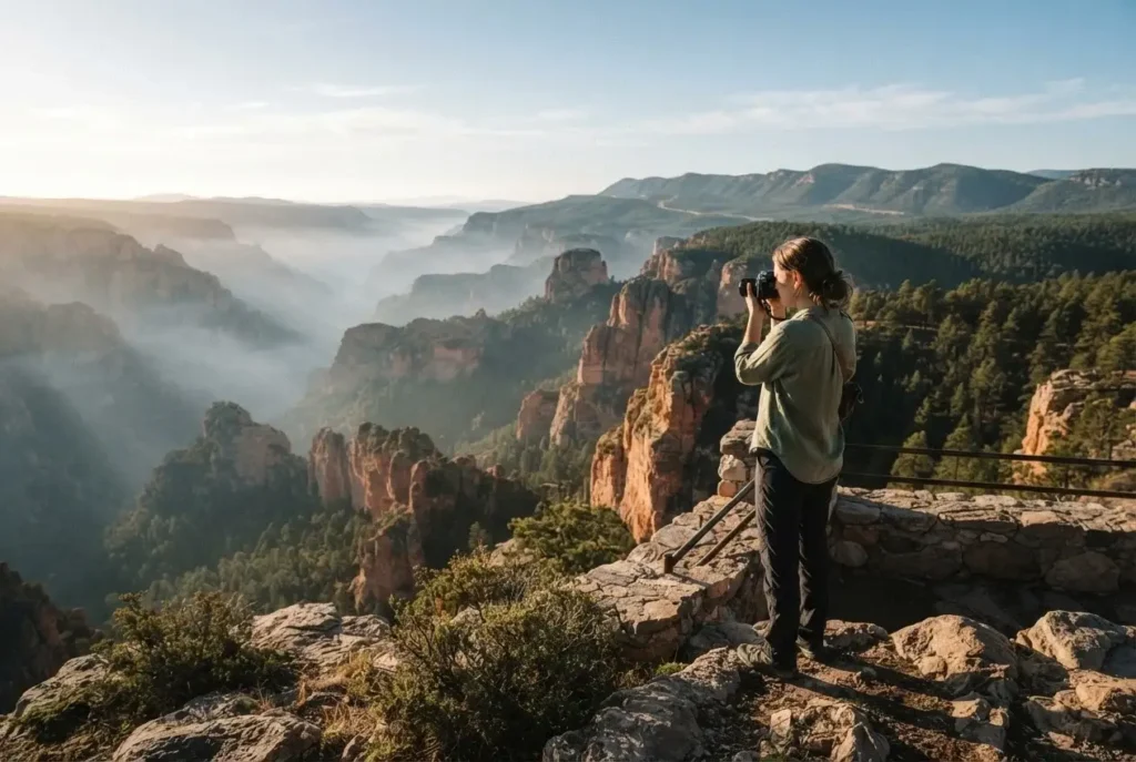 Solo female traveler standing at a Copper Canyon viewpoint in Divisadero Mexico looking into the vast green canyon from a rocky cliff edge