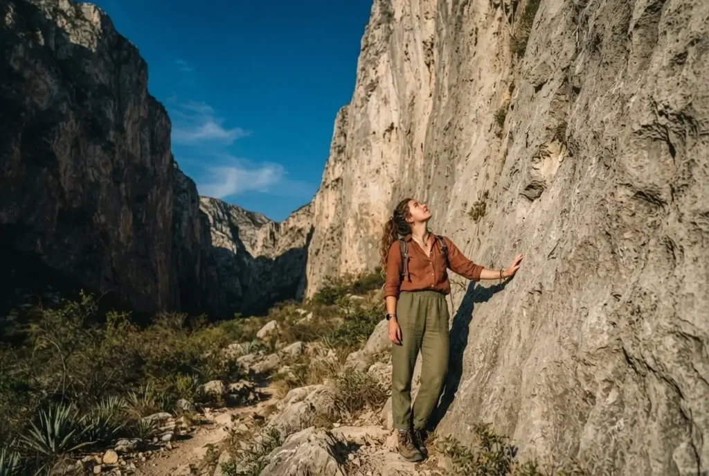 Female solo traveler at the base of towering limestone walls at El Potrero Chico Nuevo Leon Mexico looking upward at multi-pitch routes in warm afternoon light
