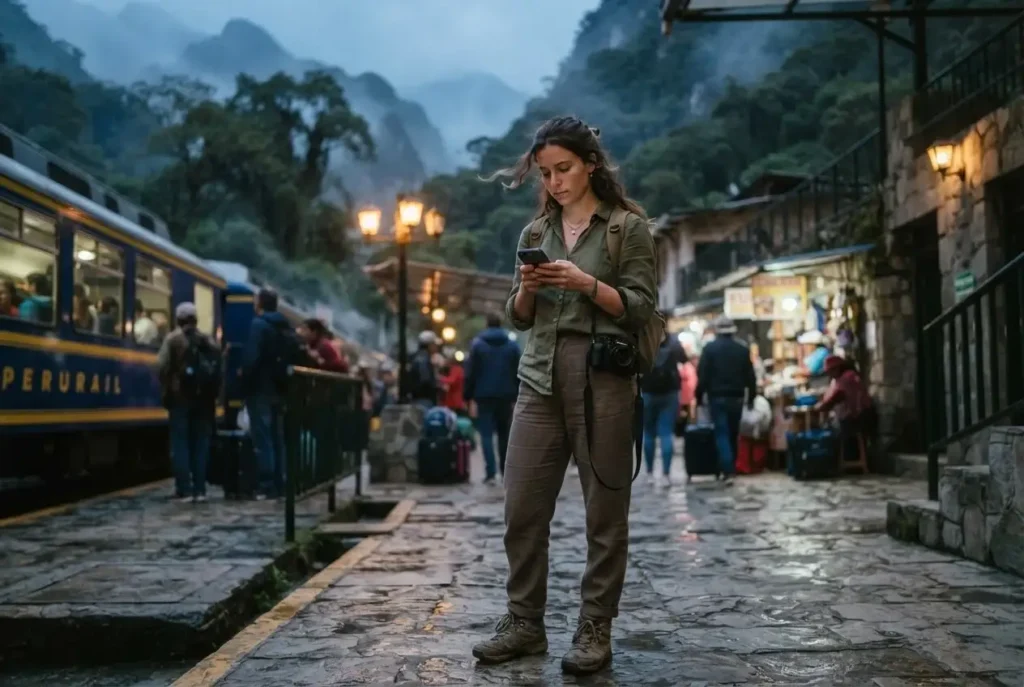 Solo female traveler with a mirrorless camera waiting on the train platform at Aguas Calientes, Peru, early morning light, heading to Machu Picchu