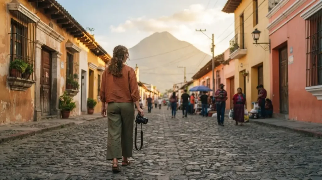 Solo female traveler with mirrorless camera walking a cobblestone street in Antigua Guatemala with a volcano visible in the background at golden hour