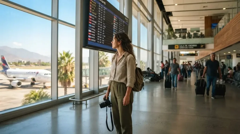 Young solo female traveler with a small carry-on backpack at a Latin American airport departure hall, natural candid travel moment