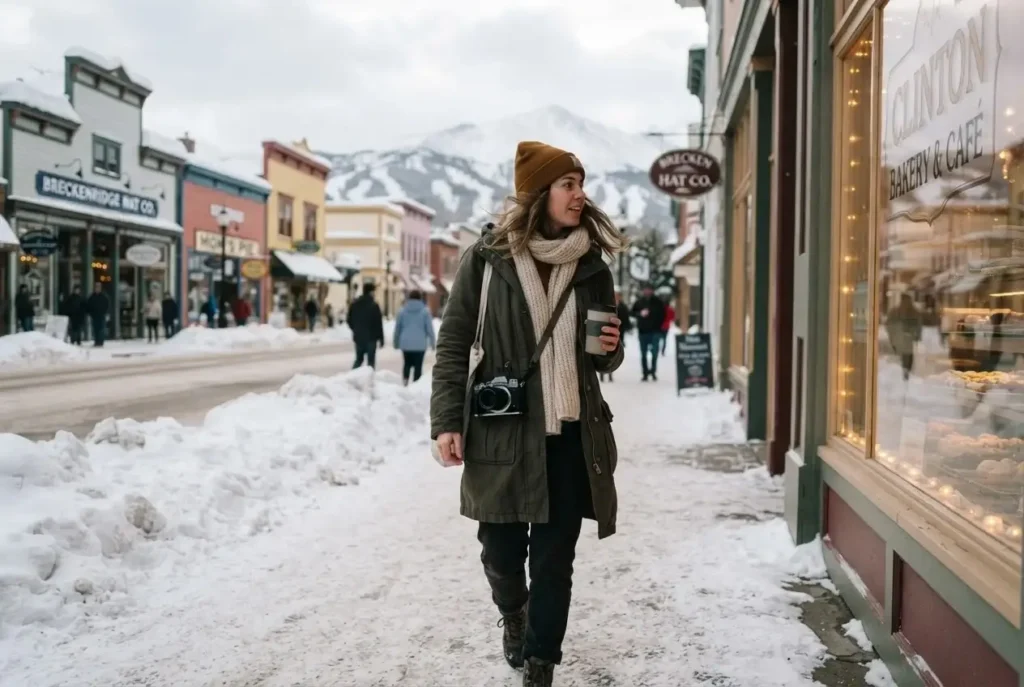 Solo female traveler with camera walking along Breckenridge Colorado Main Street in winter with snow dusted Victorian buildings and mountain peaks visible above
