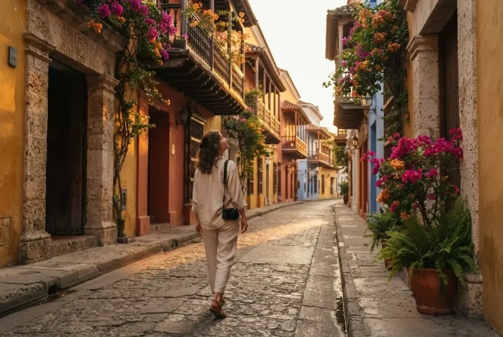 Solo female traveler walking a narrow cobblestone street in Cartagena Colombia walled city, colorful colonial buildings with flower-draped balconies, golden afternoon light
