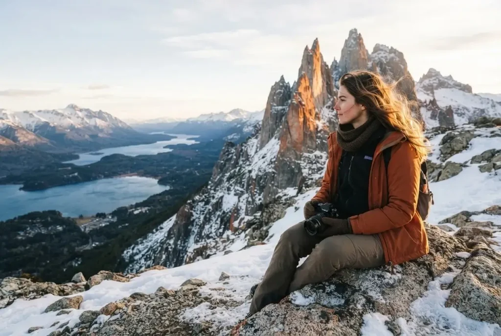 Solo female traveler sitting on a snow-covered ridge at Cerro Catedral Argentina with jagged Patagonian granite spires and Nahuel Huapi Lake visible in the golden afternoon light
