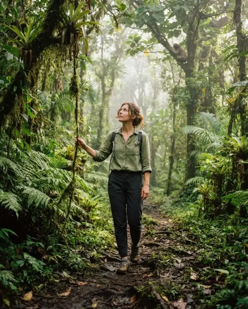 Solo female traveler on a lush jungle trail in the Arenal Volcano region of Costa Rica surrounded by tropical rainforest canopy and misty morning light