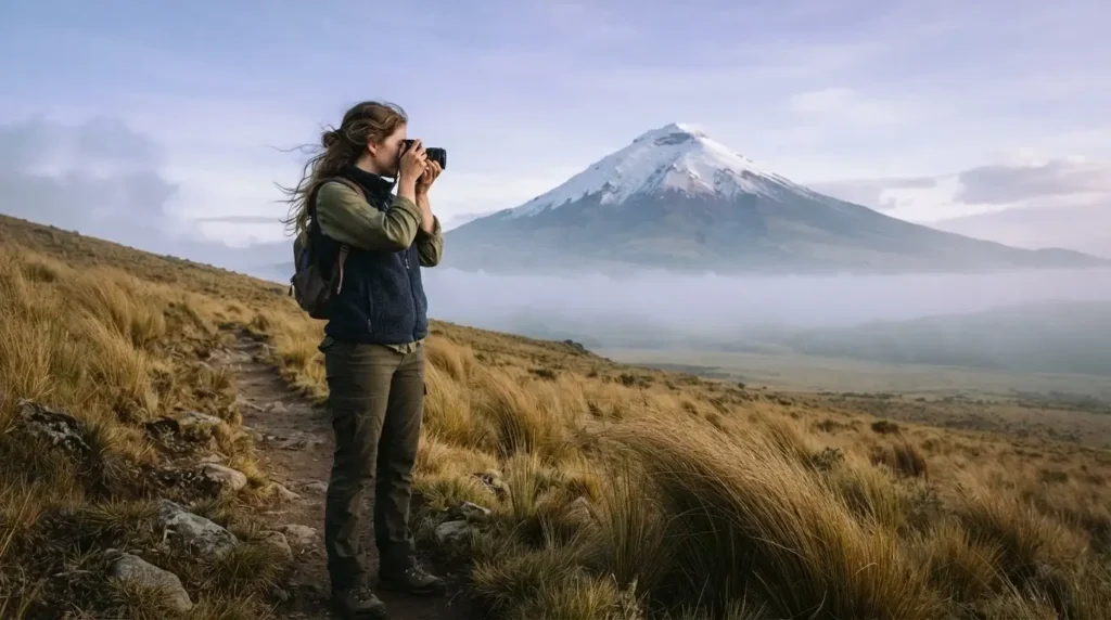 Solo female traveler with mirrorless camera looking out over Cotopaxi National Park Ecuador high altitude paramo grassland with the snow-capped volcanic cone rising above morning mist
